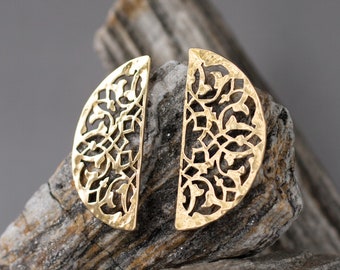 Unique brass crescent moon studs. Statement earrings with floral mandala pattern, bohemian moroccan aesthetic hand forged artisan earrings