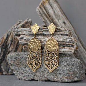 Long post earrings with oriental ornament lace drop. Golden festival statement earrings. Hand forged Moroccan aesthetic bohemian earrings. image 6