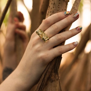 Chunky lace filigree ring, statement textured gold ring. Large hand forged boho ring, aesthetic bold indie jewelry. Unique big cocktail ring image 10