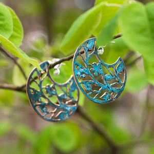 Aesthetic dark blue filigree sakura earrings. Metal lace cherry blossom tree hoops. Unique colorful oxidized copper forest earrings. image 4