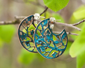 Aesthetic dark blue filigree sakura earrings. Metal lace cherry blossom tree hoops. Unique colorful oxidized copper forest earrings.