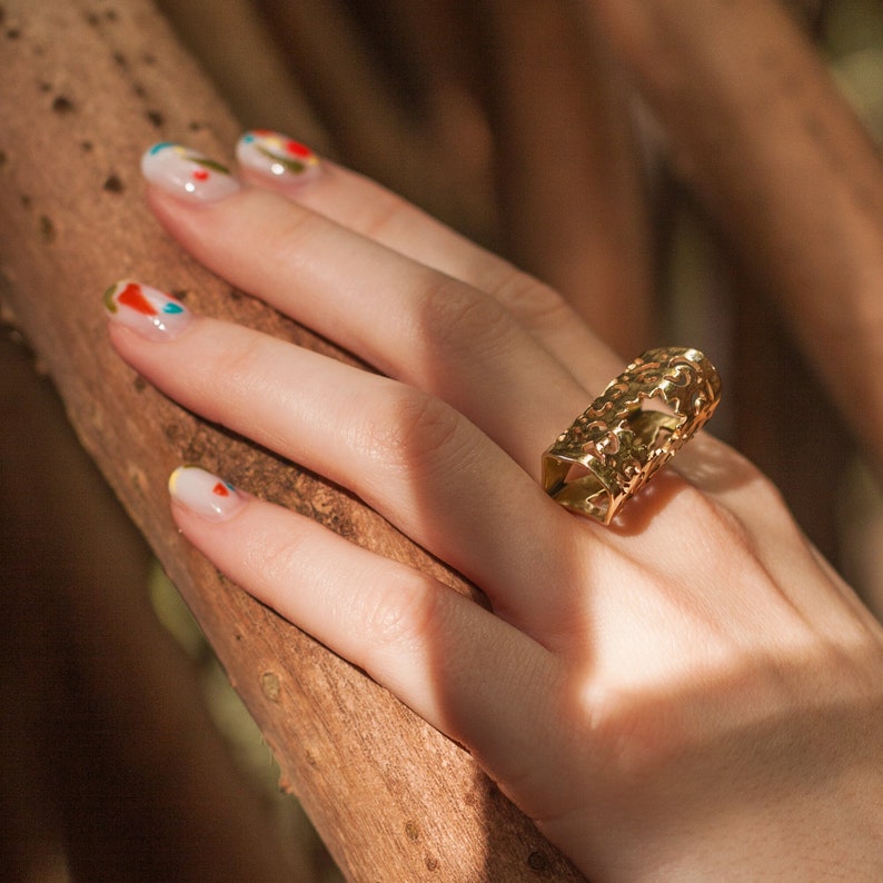 Chunky lace filigree ring, statement textured gold ring. Large hand forged boho ring, aesthetic bold indie jewelry. Unique big cocktail ring image 8