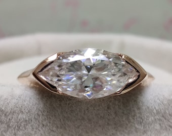 East West Marquise Moissanite Engagement Ring, Half Bezel Marquise Unique Wedding Ring, Horizontal Ring Anniversary Ring, Gift For Women