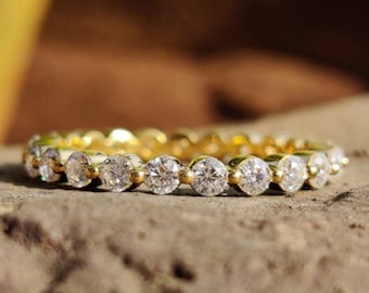 14K Gold Moissanite Wedding Band: Single Prong Eternity Ring