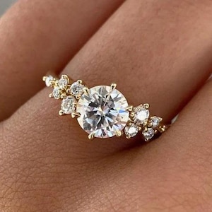 2 CT Round Moissanite Cluster Engagement Ring: 14K Gold Twig Band