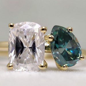 Toi Et Moi Moissanite Ring: Pear & Cushion Cut, 14k Gold Couple Ring