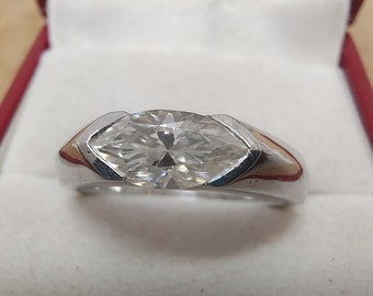 Moissanite Engagement Ring: 18k White Gold Marquise Solitaire