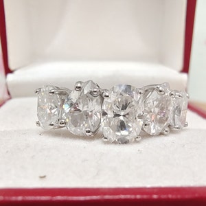 Moissanite 5 Stone Ring: 14K White Gold Pear Cushion Cut Wedding Band