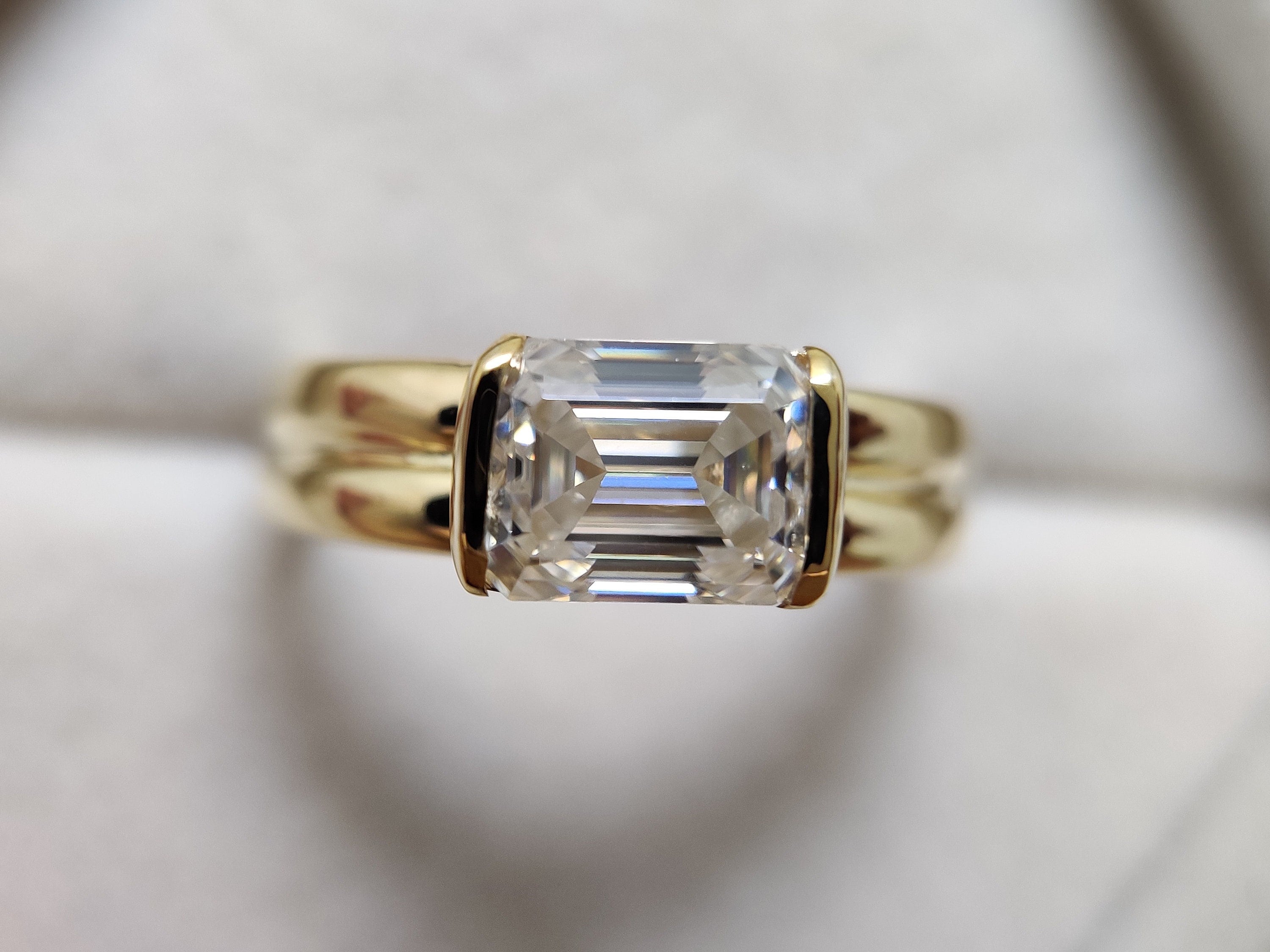East west setting Emerald shape Moissanite Diamond Half Bezel 18k Solid Gold Engagement Ring