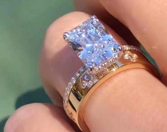 4 CT Radiant Moissanite Bridal Ring Set - 14k Gold Hidden Halo Solitaire Ring with Band - Moissanite Ring For Women - mother&#39;s day gift
