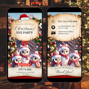 Editable Christmas Invitation Template-Owl, Editable Holiday Party Invite | Digital Canva Template, Digital Christmas Celebration Template