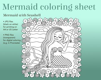 Mermaid Coloring Page | Seashell Ocean Art (Digital Download)