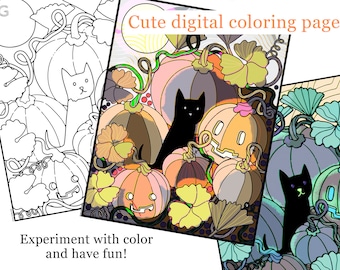 Halloween kitten coloring page — printable black cat and pumpkin art for kids