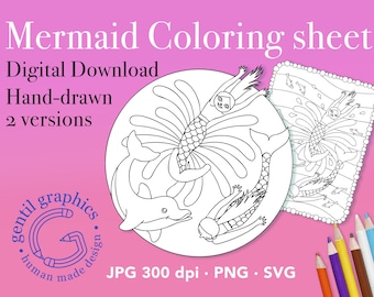 Hand-drawn mermaid coloring page – digital printable PNG JPG SVG for Procreate or paper