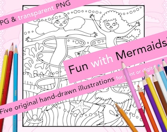Hand-drawn Mermaid Coloring Page – coral ocean theme, printable PNG JPG for Procreate or paper