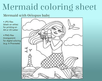 Mermaid and Octopus Coloring Page | Hand-Drawn Ocean Art (Digital Download)