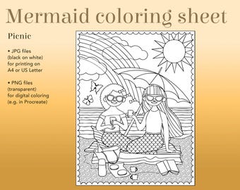 Mermaid Beach Picnic Coloring Page | Hand-Drawn Ocean Art (Digital Download)