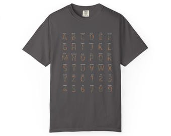 Military Alphabet T-shirt – NATO phonetic camo letter design, dark gray unisex tee (Printify)