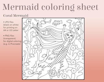 Coral Mermaid Coloring Page | Hand-Drawn Ocean Art (Digital Download)