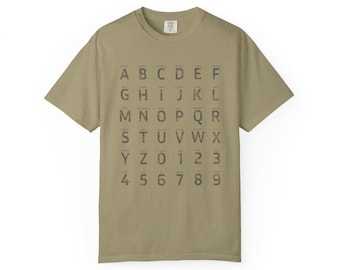 Military Alphabet T-shirt – NATO phonetic camo letter design, khaki unisex tee (Printify)