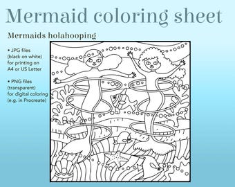 Mermaids Hula Hooping Coloring Page | Kids Printable Art (JPG+PNG)