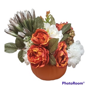 Faux Pumpkin Centerpiece Arrangement With Faux Flowers