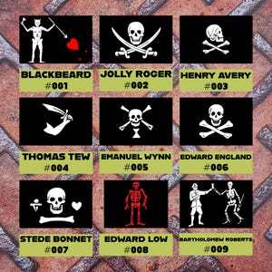 Può includere: Un collage di nove bandiere pirata, ognuna con un diverso design di teschio e ossa incrociate. Le bandiere sono etichettate con i nomi di famosi pirati, tra cui Barbanera, Jolly Roger e Henry Avery.