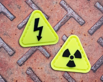 Tiny Warning Sign Patches Hi-vis Yellow and Black Hook backing for backpacks & Gear