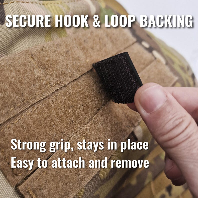 May include: Close-up of a black hook and loop fastener being attached to a tan fabric backing. The text "SECURE HOOK & LOOP BACKING" is at the top. The text "Strong grip, stays in place Easy to attach and remove" is at the bottom.