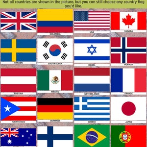 May include: A graphic showing a collection of country flags, such as the UK, Canada, and Australia, with the text "COUNTRY FLAGS" at the top. The image states that not all countries are shown. The flags are rectangular and feature diverse designs and colours.