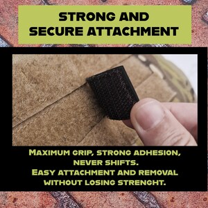 Pode incluir: Um fecho de velcro preto a ser fixado a um tecido bege. A imagem inclui o texto "STRONG AND SECURE ATTACHMENT" e "MAXIMUM GRIP, STRONG ADHESION, NEVER SHIFTS. EASY ATTACHMENT AND REMOVAL WITHOUT LOSING STRENGHT."