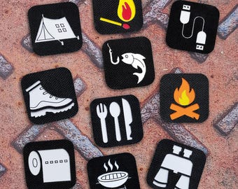 Outdoor Adventure Icon Patches – Hook & Loop Morale Patches for Camping and Gear Organization (Tent, Fire, Fishing, Grill and More)