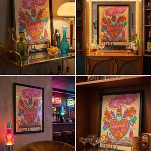 May include: A framed print with the words "Love Potion No. 9" in a heart-shaped bottle design. The artwork features a colorful, psychedelic style with pink, orange, and blue hues. The print is displayed in various bar settings.