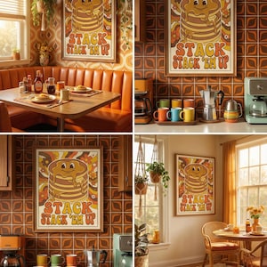 May include: A framed retro-style poster with the text "STACK 'EM UP" featuring a stack of pancakes with a smiling face and floral accents. The poster is displayed in a kitchen and dining room setting.