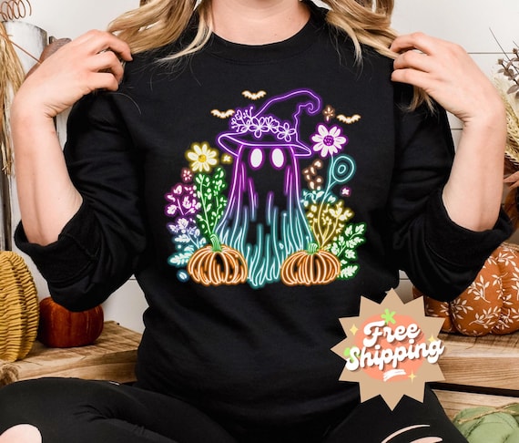 Neon Halloween Sweatshirt, Neon Floral Ghost Sweater, Cute Ghost Sweatshirt, Colorful Ghost Crewneck, Halloween Party Sweater, Neon Ghost