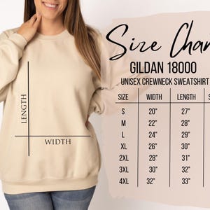 May include: Size chart for Gildan 18000 unisex crewneck sweatshirt. The chart shows measurements in inches for width, length, and sleeve length for sizes S through 4XL.