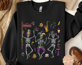 Mardi Gras Skeleton Sweatshirt, Dancing Skeleton Sweatshirt, Fat Tuesday Sweatshirt, Funny Carnival Shirt, New Orleans Shirt, NOLA Crewneck