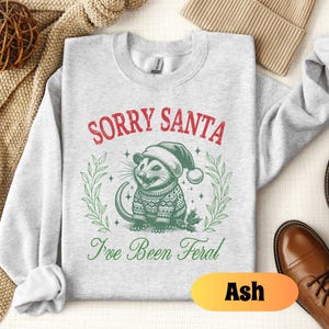 May include: A gray sweatshirt with the text "Sorry Santa I've Been Feral" in red and green. A cartoon possum wearing a Santa hat and a sweater is in the center of the design. The word "Ash" is written in orange on a white background.
