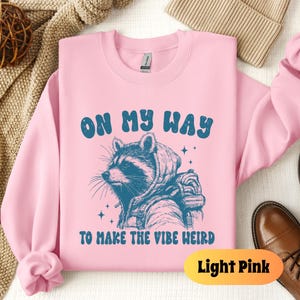 May include: Light pink sweatshirt with a raccoon wearing a space suit and the text "On My Way To Make The Vibe Weird" in blue.