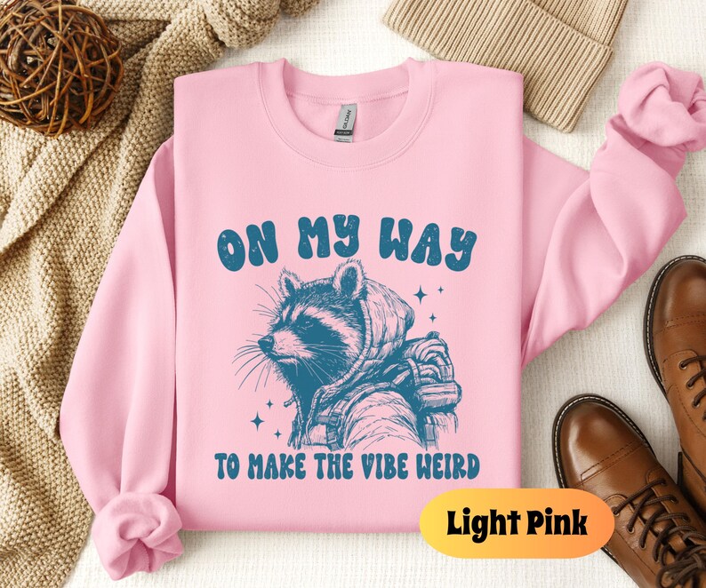 May include: Light pink sweatshirt with a raccoon wearing a space suit and the text "On My Way To Make The Vibe Weird" in blue.