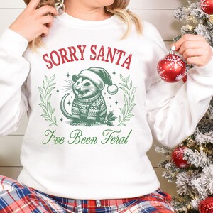 May include: White sweatshirt with a green opossum wearing a Santa hat and the text "Sorry Santa I've Been Feral".