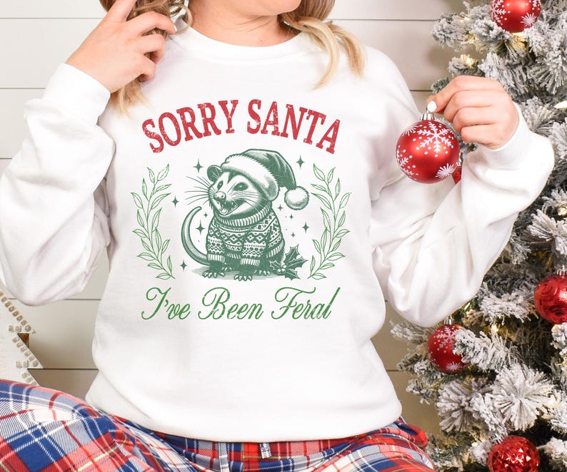 May include: White sweatshirt with a green opossum wearing a Santa hat and the text "Sorry Santa I've Been Feral".