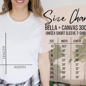 May include: Size chart for Bella + Canvas 3001 unisex short sleeve t-shirt. The chart shows sizes XS through 4XL with corresponding width and length measurements in inches.