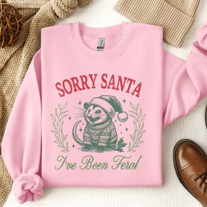 May include: Pink sweatshirt with a green and white illustration of an opossum wearing a Santa hat. The text "Sorry Santa I've Been Feral" is printed on the sweatshirt.