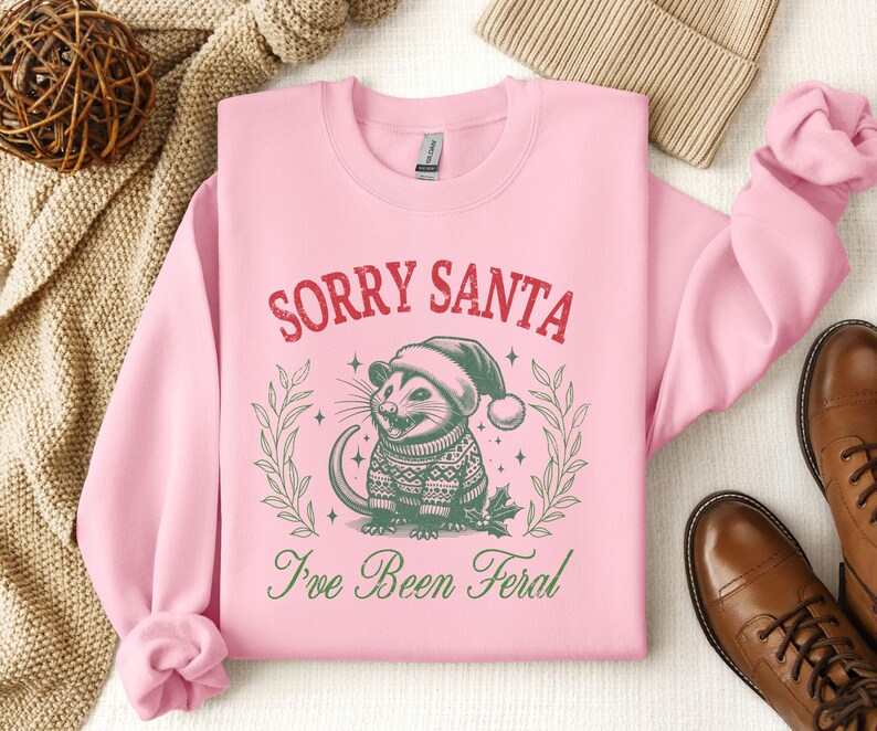 May include: Pink sweatshirt with a green and white illustration of an opossum wearing a Santa hat. The text "Sorry Santa I've Been Feral" is printed on the sweatshirt.