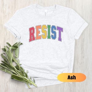 May include: A light grey t-shirt with the word "RESIST" printed in rainbow colors. The word is in a varsity style font with a black outline. The t-shirt is available in the color Ash.