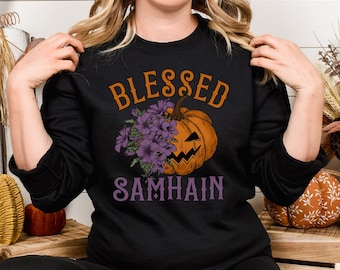 Blessed Samhain Crewneck Sweatshirt, Wheel of the Year, Pagan Holiday Sweater, Samhain Shirt, Seasonal Witch Sweatshirt, Gifts for Pagans