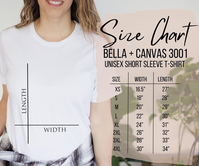 May include: Size chart for Bella + Canvas 3001 unisex short sleeve t-shirt. The chart shows sizes XS through 4XL with corresponding width and length measurements in inches.