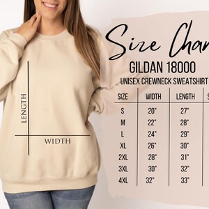 May include: Size chart for Gildan 18000 unisex crewneck sweatshirt. The chart shows measurements in inches for width, length, and sleeve length for sizes S through 4XL.