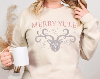 Merry Yule Sweatshirt, Pagan Holiday Shirt, Wheel of the Year, Wiccan Shirt, Winter Solstice, Yuletide Shirt, Yule Deer, Winter Festival